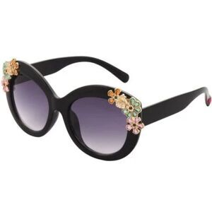 Betsey Johnson Black Floral Garden Party Round Sunglasses NWT